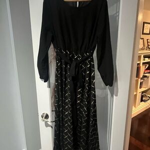 Bloom chic Black & Gold Long Sleeve Maxi Dress with Waist Tie